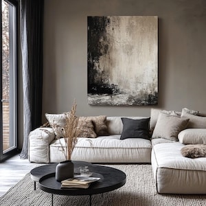 Large Handmade Abstract Painting: Gray Black Scandinavian Wabi Sabi Art