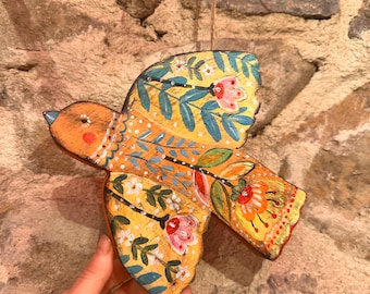 Wall hanging wooden home decor Bird hand painted Acrylic flowers pattern Yellow bird Cute home Decor Boho style decor Eco friendly decor