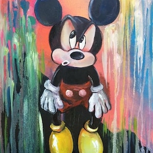 Personnage de Mickey suspendu par l'oreille pour sécher sur une corde à linge Image amusante pour une chambre de bébé Réplique de Banksy Peinture acrylique faite main