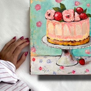 Original cake painting Strawberry floral dessert art Shabby chic kitchen decor Whimsical still life  acrylic on canvas