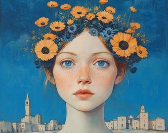 Portrait of red-haired girl with daisies in her hair on the background of a landscape Beautiful modern picture acrylic painting handmade art