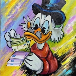 Acrylic handmade painting on canvas picture Scrooge McDuck counting euro money funny art Uncle Scrooge with money Funny painting for decor