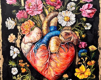Akrylmålning med anatomiskt hjärta: Gotisk blomsterkonst (24x24 tum)