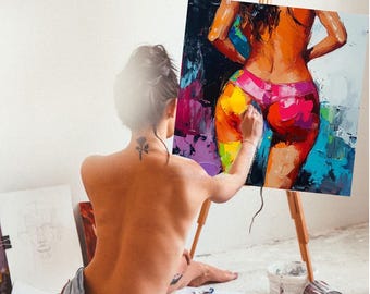 Female Figure Art: Sensual Back View, Bright Colors (28x28 inches)