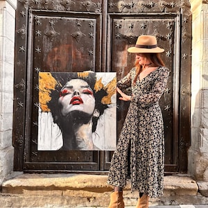 Portrait of sexy passionate girl with red lipstick and sexy mouth and face Black white painting with red and gold accents Modern sexy art