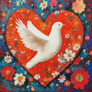 Painting white Dove acrylic technique handwork Dove of peace  love Dove on the background of red heart Symbol of peace painting about love