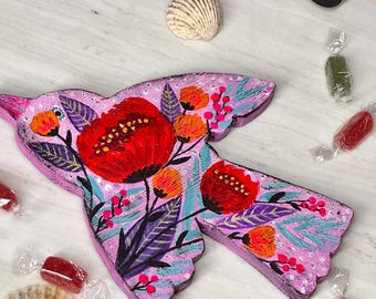Wood decor bird with handmade painting Decor bird with flowers on it Pink bird Cute home Decor Boho style decor Ecodecor bird home Nature