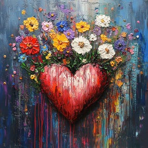 Acrylgemälde Rotes Herz blüht mit schönen Blumen Strukturierte handgemachte Kunst Helle Malerei mit Herz Romantisches Geschenk über die Liebe
