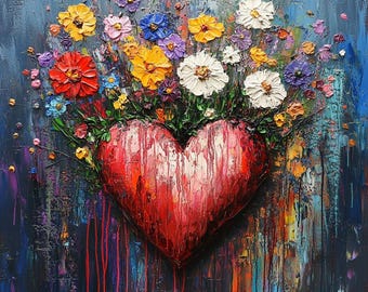 Acrylic painting Red heart blooming with beautiful flowers Textured handmade art Bright painting with heart Romantic gift about love