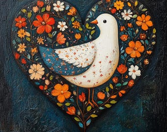 Naïeve kunst duifschilderij: bloemenhart, symbool van vrede