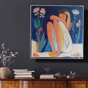 Modern Abstract Woman Painting Emotional Figurative Wall Art Thoughts of You Make Me Beautiful - Feminine Expression Canvas for Home Decor