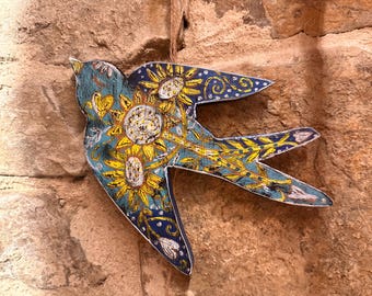Wall hanging wooden home decor blue Swallow bird with sunflowers print Cute bird for home decor Boho style decor Eco friendly decor
