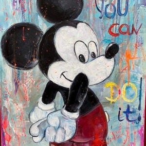 Pintura acrílica sobre lienzo Mickey Mouse tiene los dedos cruzados por ti Puedes hacerlo Motivador Pintura a mano para habitación infantil