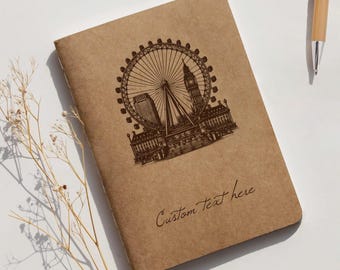 Personalized London Notebook | Engraved Kraft Journal with Big Ben & London Eye | Custom Travel Gift | British Landmark Stationery