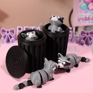 Raccoon Trash Bin Hinged Lid Flexi Fidget 3D Printed Toy Stress Relief Desk Decor Animal Lovers Birthday Gifts Quirky Office Collectible