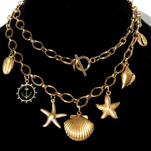Nautical Necklace w/ Shell Locket w-Pink Freshwater Pearl, 7 Charm Necklace, Gold Plated Stainless Steel Chain, Ocean Lovers Beach Jewelry