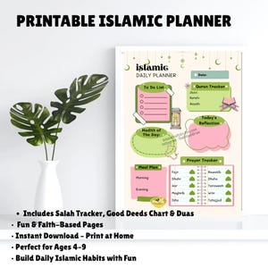 Islamitische dagplanner voor kinderen | Salah Tracker, grafiek goede daden en dua-oefeningen | Afdrukbaar moslimkind | Islamitisch activiteitendagboek