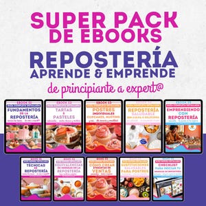 Könnte beinhalten: Ein digitales Produktpaket zum Erlernen des Backens und Startens eines Bäckereigeschäfts. Das Paket enthält fünf E-Books mit Titeln wie "Grundlagen des Backens", "Torten & Gebäck", "Individuelle Desserts", "Gesundes Backen" und "Ein Bäckereigeschäft gründen".