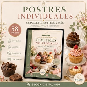 Könnte beinhalten: Ein digitales E-Book mit dem Titel Postres Individuales, das Cupcakes, Muffins und mehr enthält. Das Cover zeigt eine Auswahl dekorierter Cupcakes auf einem Ständer, 58 Seiten, Rezeptkategorien und das Supeeer-Markenlogo.