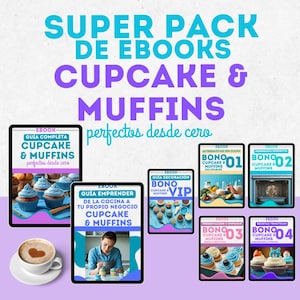 Puede incluir: Un paquete de productos digitales para hacer cupcakes y muffins. El paquete incluye cinco libros electrónicos con títulos como "Guía completa de cupcakes y muffins", "Guía para iniciar un negocio de cupcakes y muffins", "Guía de decoración de cupcakes y muffins", "Alternativas a los cupcakes y muffins sin culpa" y "Horneado perfecto de cupcakes y muffins".