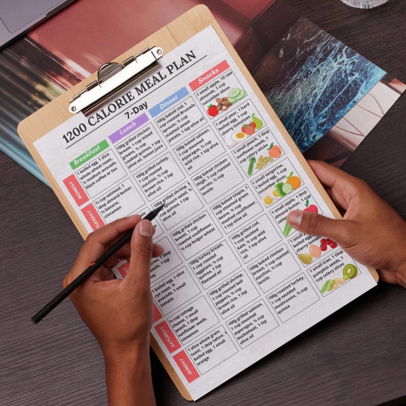 "1200 Calorie Meal Plan PDF – 7-day printable meal schedule including breakfast, lunch, dinner, and snack. Designed for daily structure and portion control. Includes a bonus grocery list with all ingredients organized by food category. Ideal for meal prep, calorie tracking, and weekly menu planning. Comes in A4 and US Letter formats. Perfect for those following a 1200 calorie per day routine.