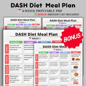 Puede incluir: Un plan de comidas de dieta DASH imprimible de 4 semanas, con opciones de desayuno, almuerzo, cena y meriendas. Incluye una lista de compras de bonificación. El plan ofrece una variedad de ideas de comidas saludables.