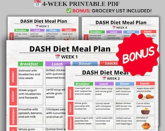 DASH Diet Meal Plan 28 Tage PDF, 4 Wochen Low Sodium Wochenmenü zum Ausdrucken, DASH Diet Chart Planer + Bonus Lebensmittel-Einkaufsliste
