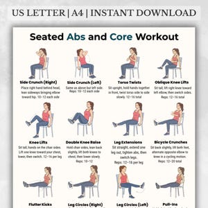 Puede incluir: Una guía de ejercicios imprimible para abdominales y core sentados. La guía incluye ilustraciones e instrucciones para ejercicios como abdominales laterales, elevaciones de rodillas y abdominales de bicicleta. El texto en la parte superior dice "US LETTER | A4 | INSTANT DOWNLOAD" y "Seated Abs and Core Workout."