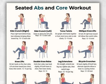 Ejercicios para abdominales y core sentado (imprimibles) / Tabla de ejercicios en silla / Rutina de fitness ilustrada para hacer sentado / PDF de entrenamiento en casa