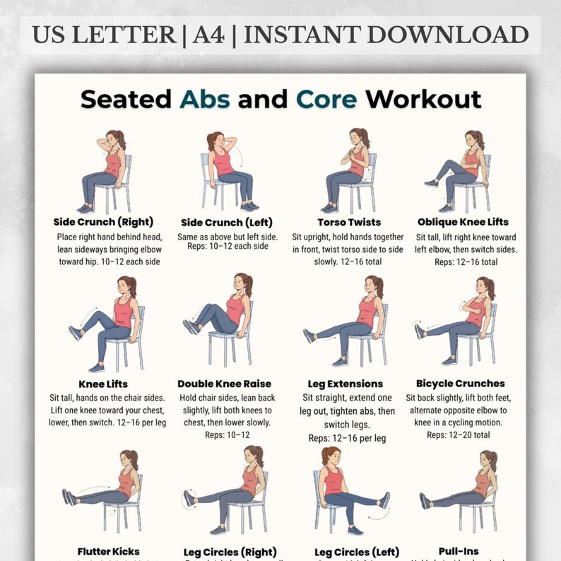 Seated Abs and Core Workout | Chair Exercise Printable | Easy Home Fitness Chart