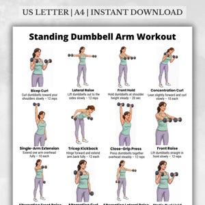 Può includere: Una guida di allenamento stampabile intitolata "Standing Dumbbell Arm Workout" con illustrazioni di esercizi come bicipiti, sollevamenti laterali e sollevamenti frontali. La guida include istruzioni e conteggi delle ripetizioni.