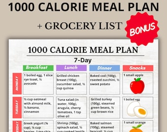 1000 Calories Diet Plan PDF – 7 Day 1000 Calories Per Day Menu – Low Cal Weekly Food Planner – Printable 1000 Cal Diet + Grocery List