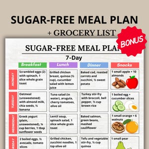 Sugar-Free Meal Plan PDF – 7 Day Sugar-Free Menu + Sugar-Free Grocery List – Printable No Sugar Added Meal Planner (A4 & US Letter)