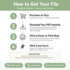 May include: An instructional graphic titled How to Get Your File with a four-step process: 1. Purchase on Etsy, 2. Download Your PDF Instantly, 3. Print at Home or Print Shop, 4. Stick It and Use It. Includes an Important Note about mobile app downloads.
