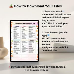 Low sodium grocery list printable PDF showing 6 categories with 20 foods each for meal planning and shopping, instant digital download.