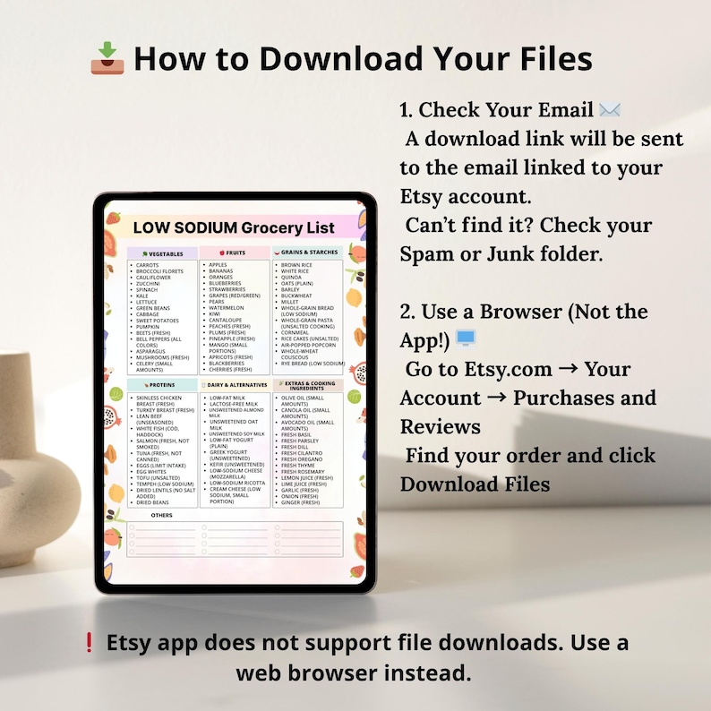Low sodium grocery list printable PDF showing 6 categories with 20 foods each for meal planning and shopping, instant digital download.
