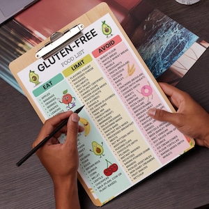 Gluten free grocery list printable with categorized food items for celiac and gluten intolerance, available as instant PDF download