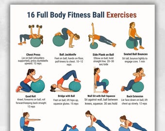 16 Full Body Fitness Ball Exercises Workout Poster, Stability Ball Exercise Chart, Printable PDF A4 US Letter, Instant Download