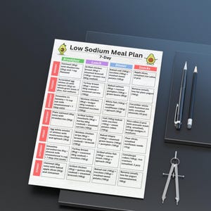 Low sodium 7 day meal plan printable PDF showing breakfast lunch snack and dinner for each day, suitable for low salt diets and instant download.