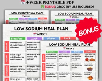 Plan de alimentación bajo en sodio de 28 días (PDF) / Tabla de dieta baja en sal para la hipertensión y la presión arterial alta / Menú de la dieta DASH + lista de compras adicional