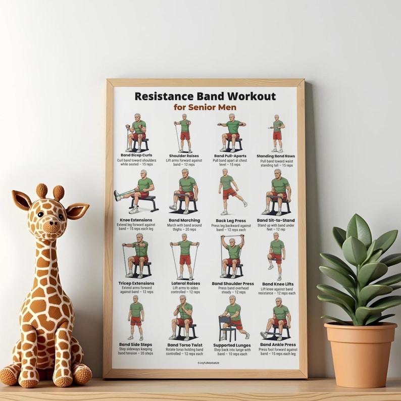 Resistance Band Workout for Senior Men printable poster with 16 seated and standing resistance band exercises for home strength training PDF