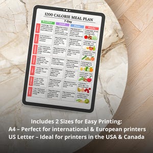 "1200 Calorie Meal Plan PDF – 7-day printable meal schedule including breakfast, lunch, dinner, and snack. Designed for daily structure and portion control. Includes a bonus grocery list with all ingredients organized by food category. Ideal for meal prep, calorie tracking, and weekly menu planning. Comes in A4 and US Letter formats. Perfect for those following a 1200 calorie per day routine.