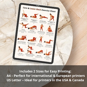 Printable low impact core and back exercise chart showing illustrated stability and strength movements. Clean home workout poster designed as a visual exercise reference. Includes core-focused and back-focused exercises presented in an easy-to-read layout. Suitable for home workouts, fitness wall displays, or digital use. Available as printable A4 and US Letter PDF files.
