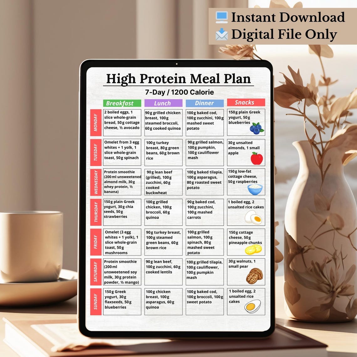 7‑day High Protein Meal Plan, 1200 Calorie High Protein Diet Ideas for ...