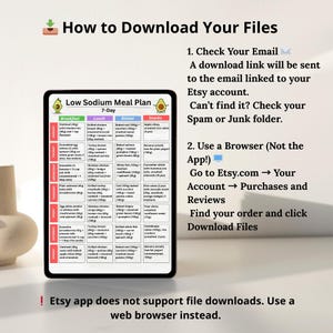 Low sodium 7 day meal plan printable PDF showing breakfast lunch snack and dinner for each day, suitable for low salt diets and instant download.