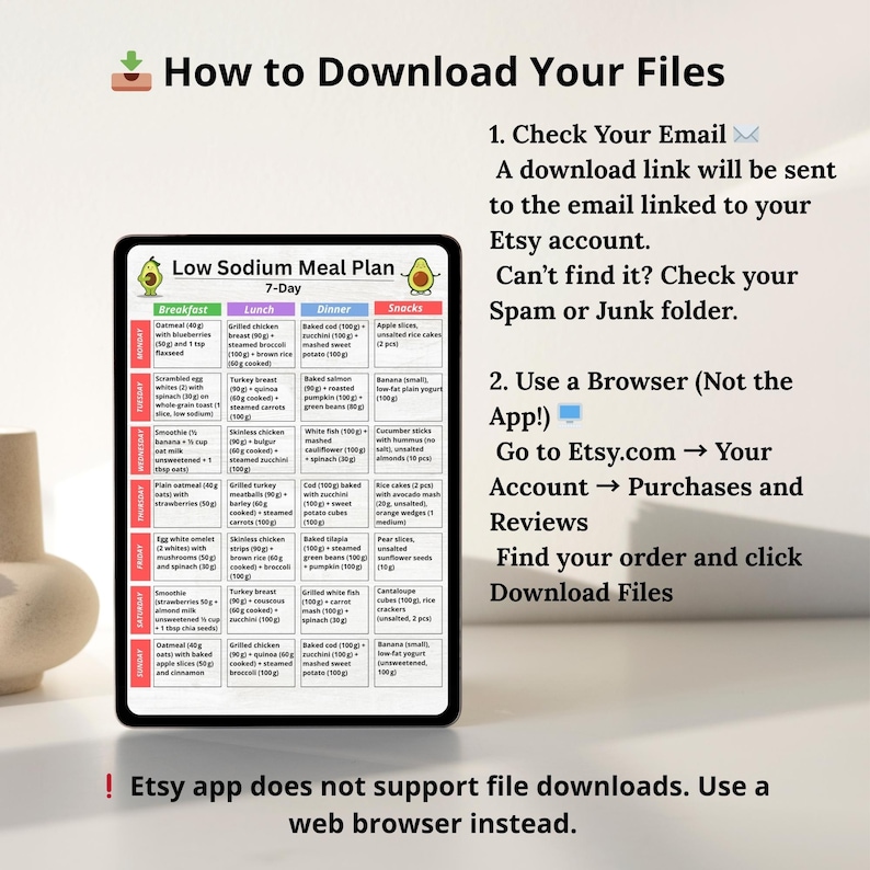 Low sodium 7 day meal plan printable PDF showing breakfast lunch snack and dinner for each day, suitable for low salt diets and instant download.
