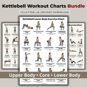 May include: A bundle of kettlebell workout charts. The charts include exercises for upper body, core, and lower body workouts. Each chart features illustrations and instructions for various exercises, such as squats, lunges, and deadlifts. The text "Kettlebell Workout Charts Bundle" is at the top.