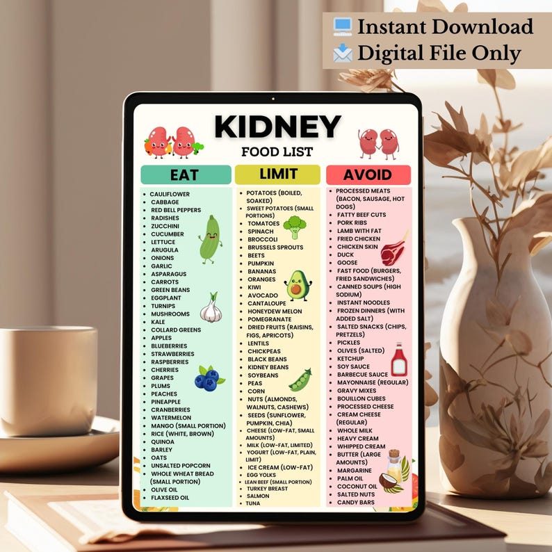 Kidney Food List Printable | Renal Diet Chart Eat Limit Avoid | Kidney Nutrition PDF | Low Potassium Low Sodium Food List