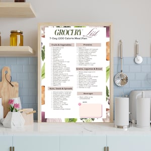 "1200 Calorie Meal Plan PDF – 7-day printable meal schedule including breakfast, lunch, dinner, and snack. Designed for daily structure and portion control. Includes a bonus grocery list with all ingredients organized by food category. Ideal for meal prep, calorie tracking, and weekly menu planning. Comes in A4 and US Letter formats. Perfect for those following a 1200 calorie per day routine.