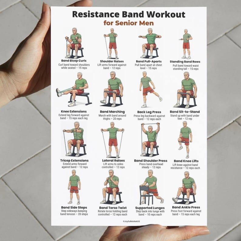 Resistance Band Workout for Senior Men printable poster with 16 seated and standing resistance band exercises for home strength training PDF